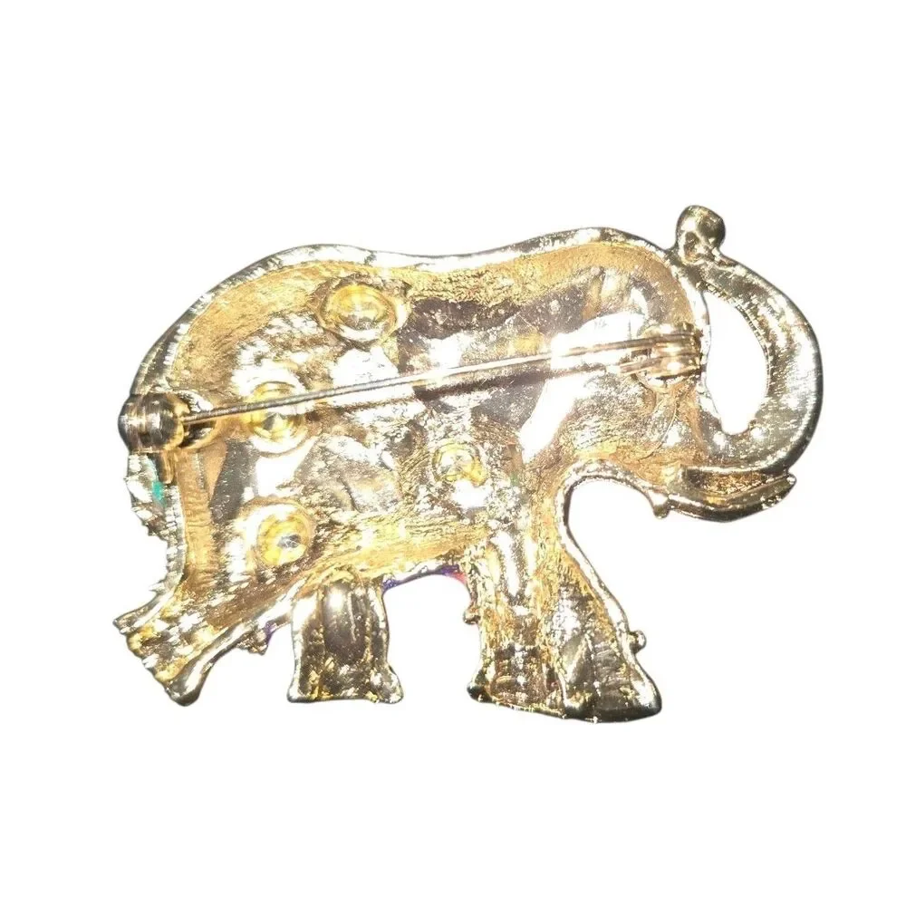 Unmarked VTG Multicolored Enamel & Rhinestone Gold Tone Trunk Up Elephant Brooch